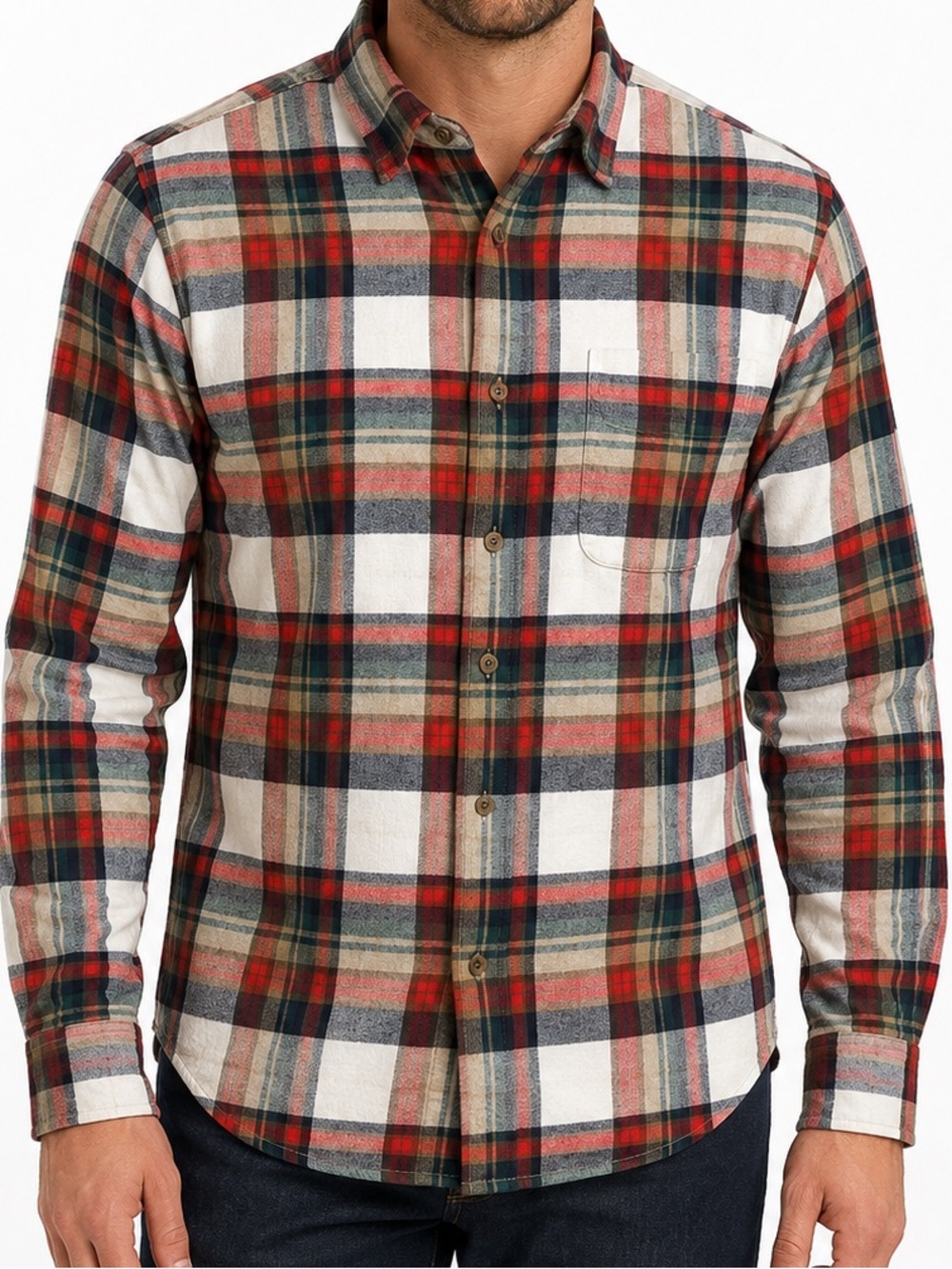 J.Crew Men’s Medium Red Green Plaid Cotton Flannel Button-Down Shirt